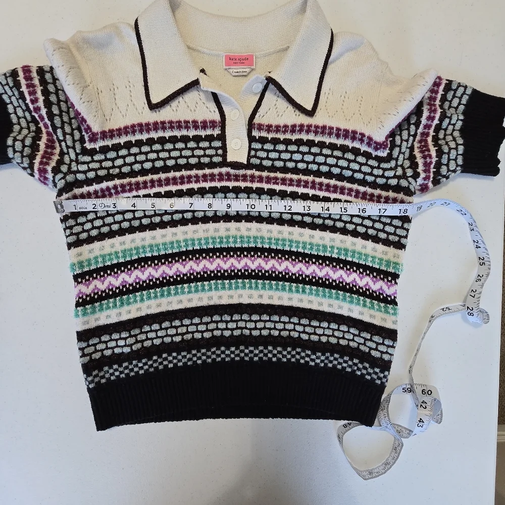 kate spade Multicolor Striped Knit Polo Sweater - White, Black, Pink, Teal, Navy